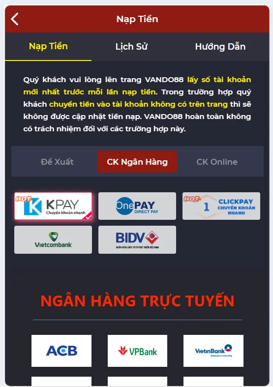 Chọn hình thức nạp tiền VANDO88 phù hợp