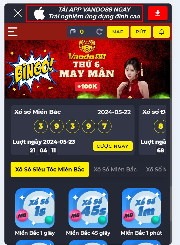 Chọn tại App VANDO88 tại giao diện chính ở phía trên của trang chủ