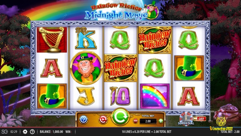 Giao diện chính của slot game Rainbow Riches với các biểu tượng đầy màu sắc