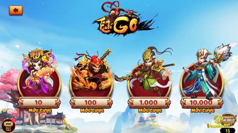 Điều chỉnh mức cược trong game Nổ Hũ Tam Quốc, nhiều mức giá từ thấp đến cao.